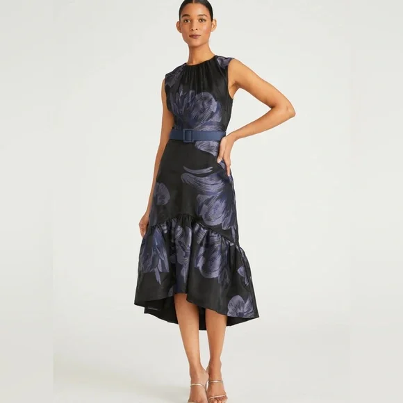 Kay Unger | Dresses | Nwt Kay Unger Belted Floral Cocktail Organza Tea Midi  Length Dress 6 Navy | Poshmark